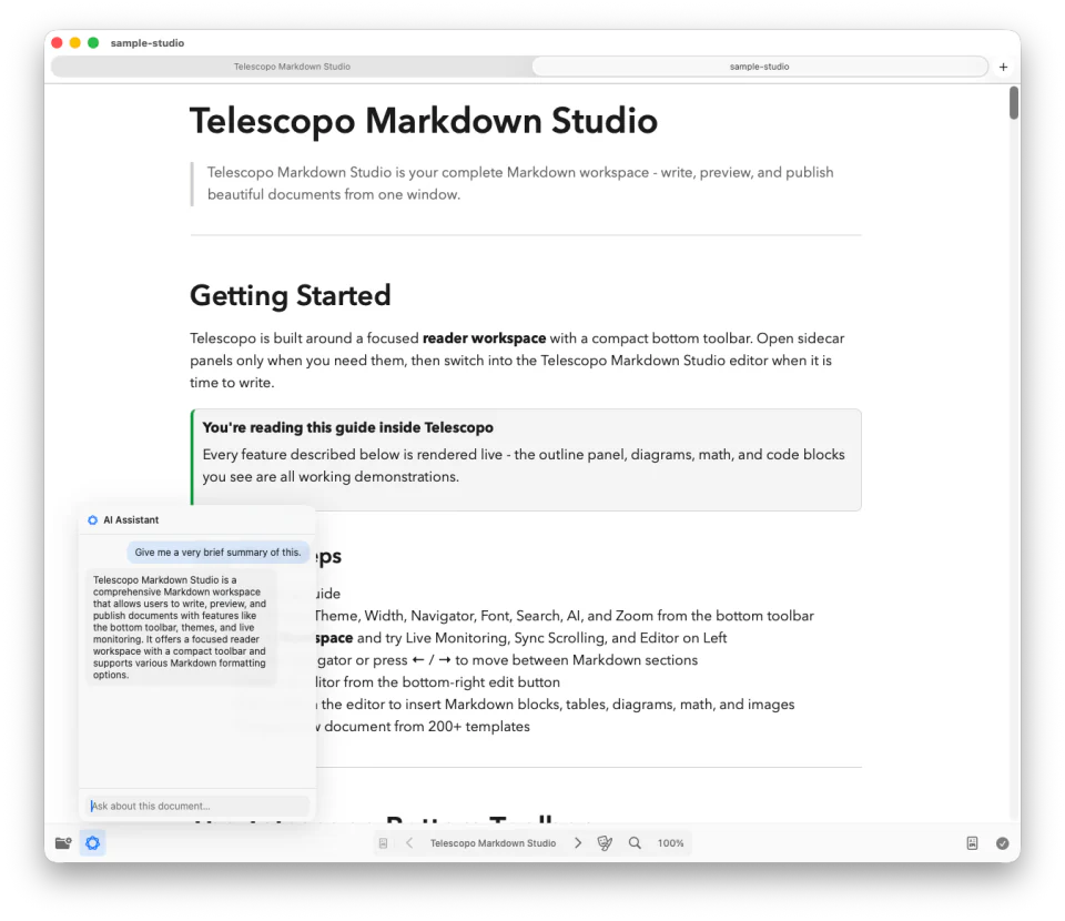 Telescopo on-device AI Assistant summarizing the open Markdown document