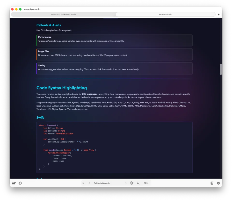 Telescopo Aurora theme in split editor mode