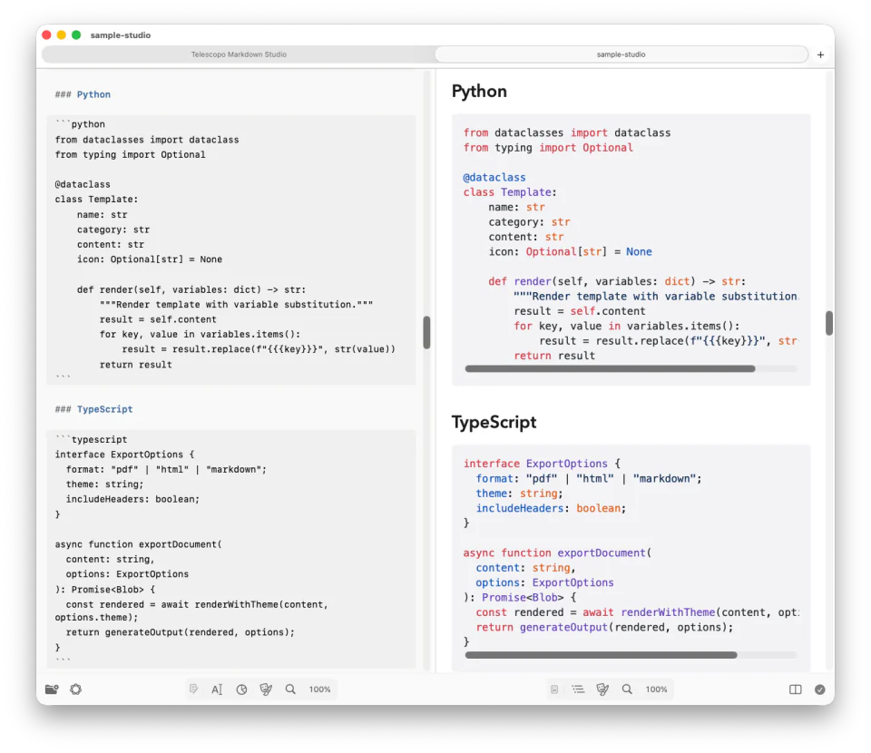 Telescopo Markdown Studio showing source code beside syntax-highlighted Python and TypeScript
