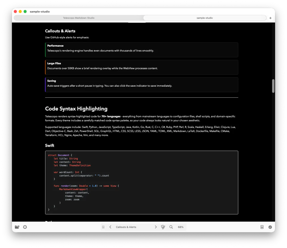 Telescopo Contrast Dark theme in split editor mode