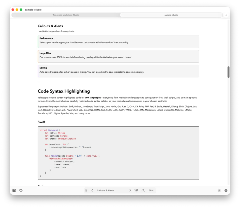 Telescopo Contrast Light theme in split editor mode
