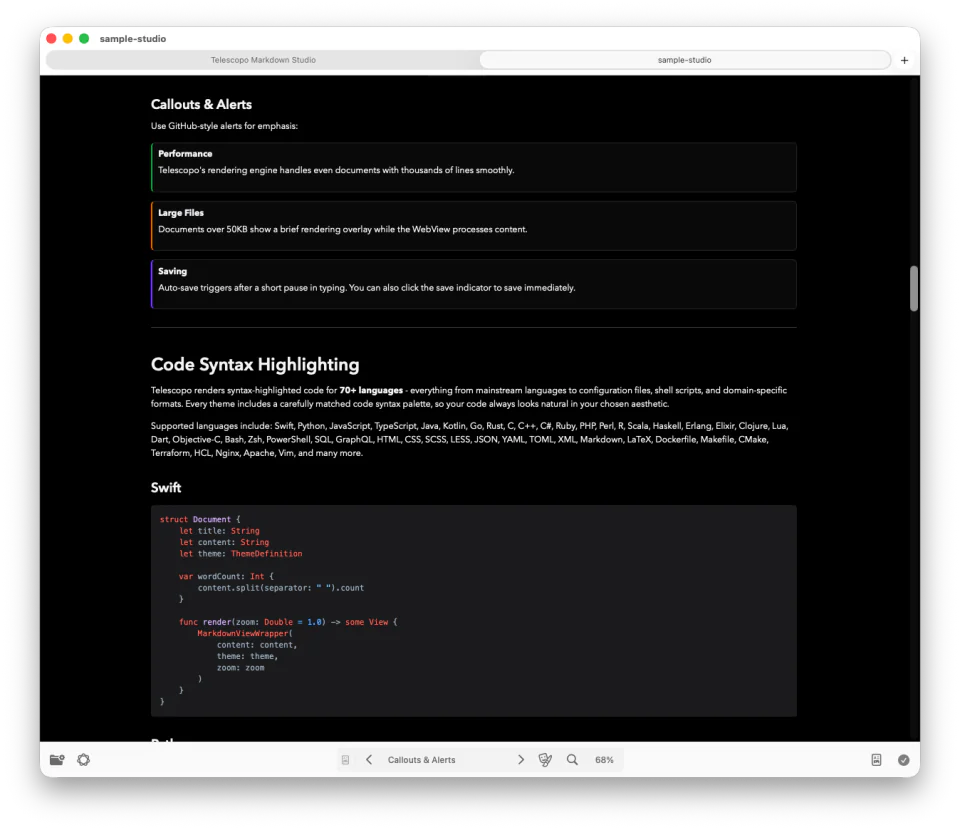 Telescopo Dark theme in split editor mode