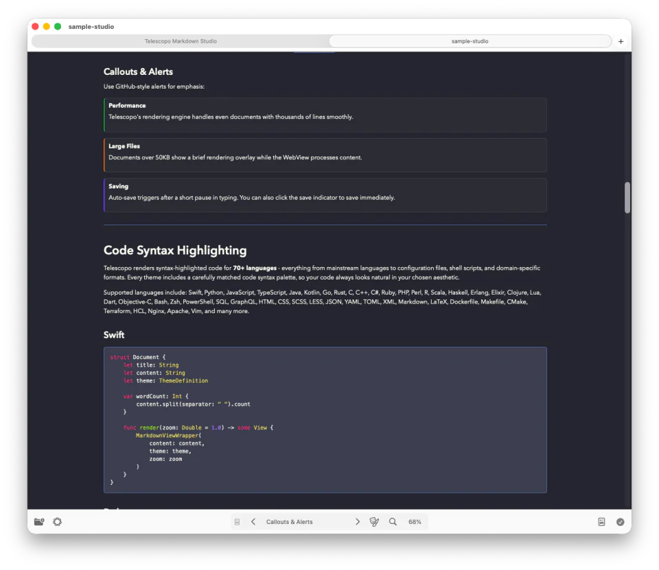 Telescopo Darkula theme in split editor mode