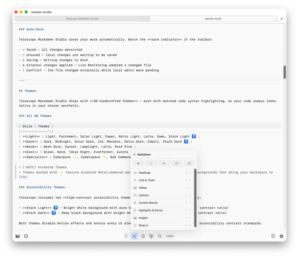 Telescopo Markdown Studio editor menu for inserting Markdown blocks, tables, callouts, highlights, links, and images