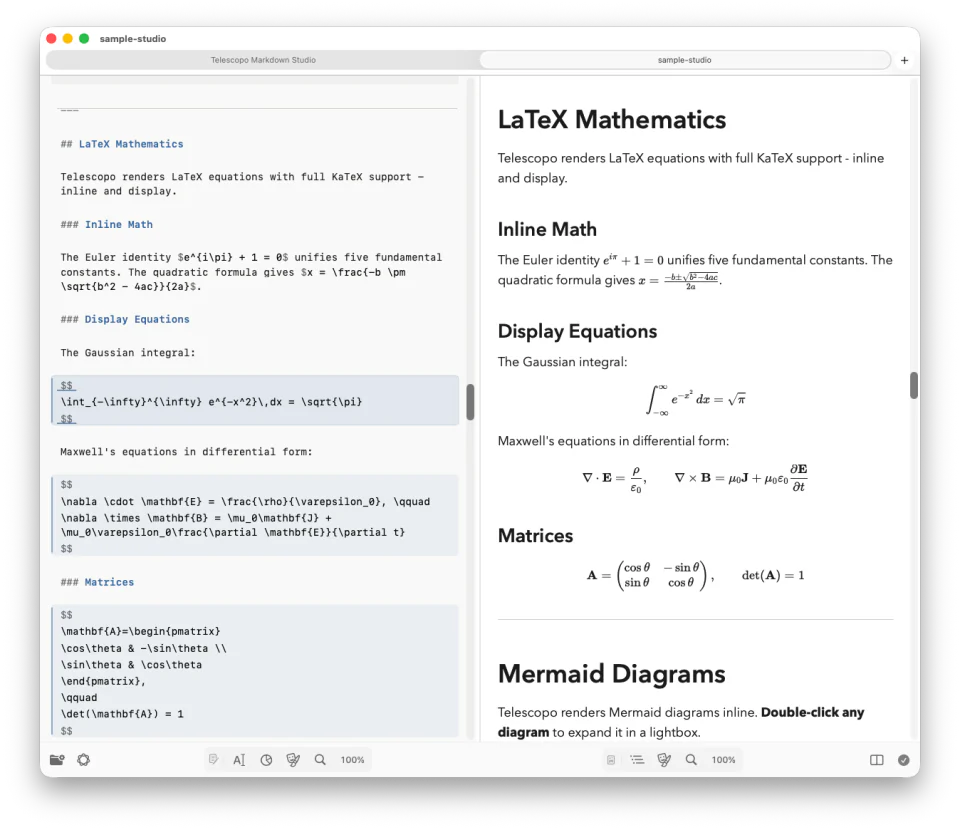 Telescopo Markdown Studio showing LaTeX source beside rendered equations and matrices