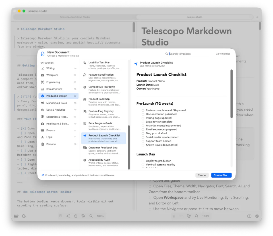 Telescopo Markdown Studio new document picker showing a product launch template