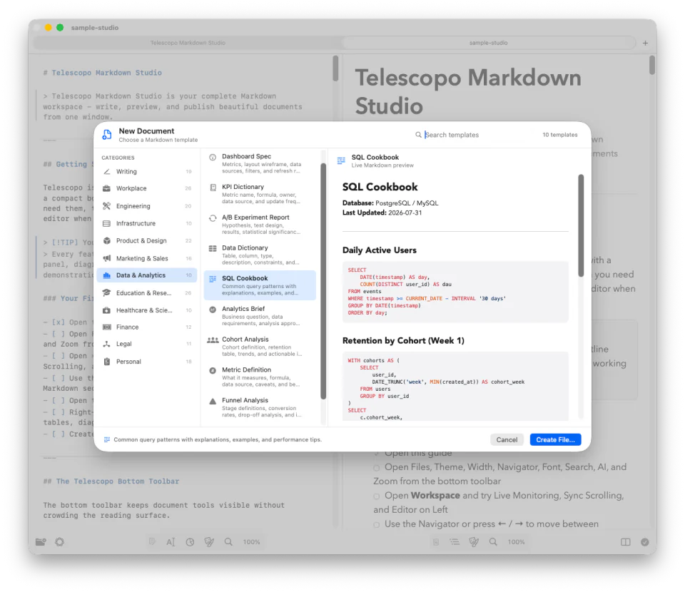 Telescopo Markdown Studio template picker with a structured SQL database documentation template