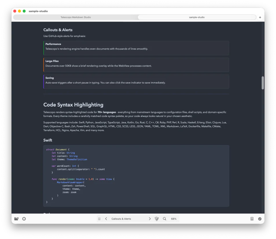 Telescopo Nord theme in split editor mode