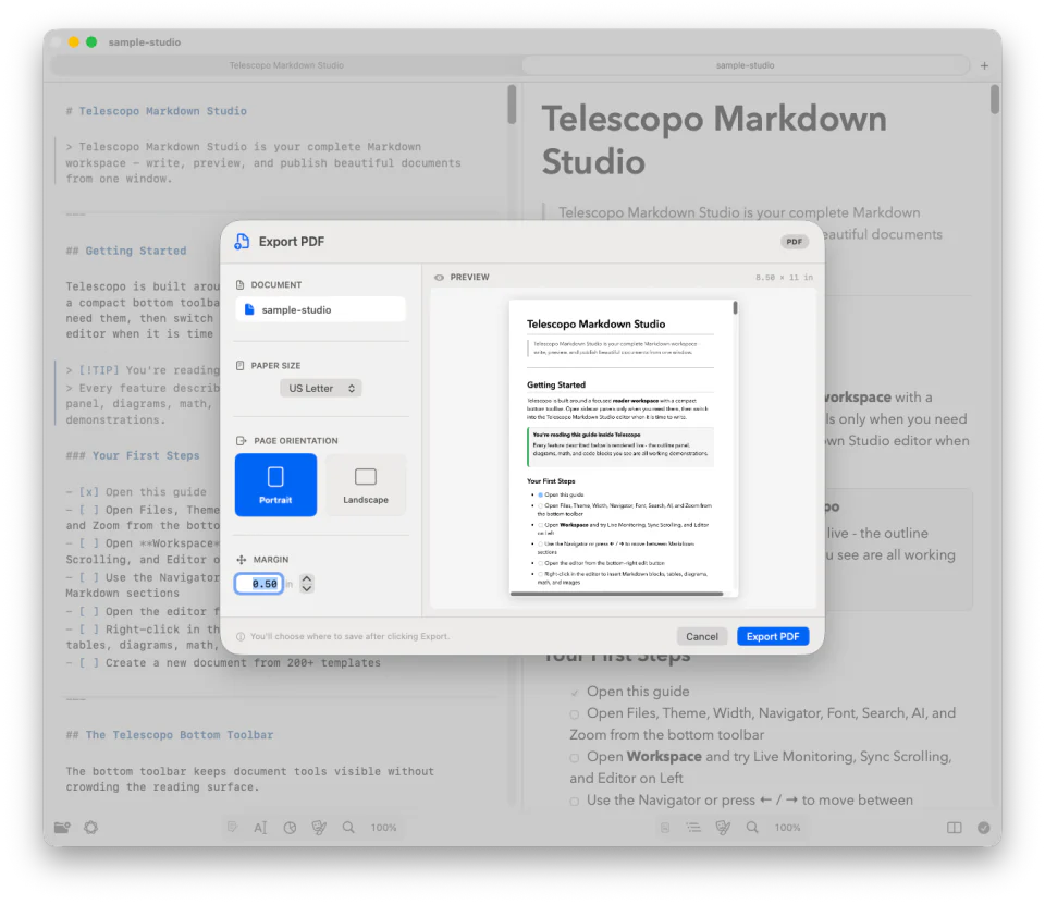 Telescopo Markdown Studio PDF export preview with portrait and landscape controls, margins, paper size, and rendered Markdown output