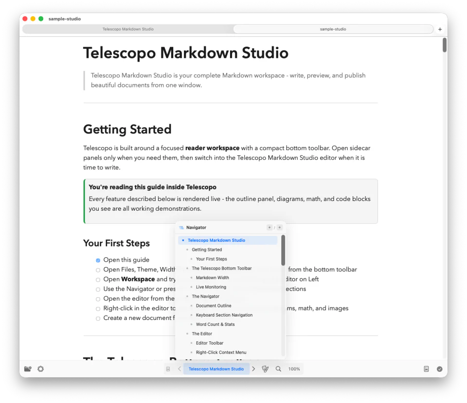 Telescopo Navigator showing a live document outline beside rendered Markdown
