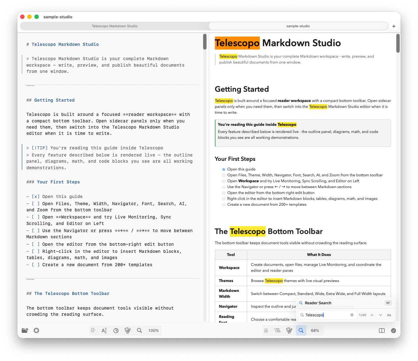 Telescopo Markdown Studio searching a rendered Markdown document on Mac