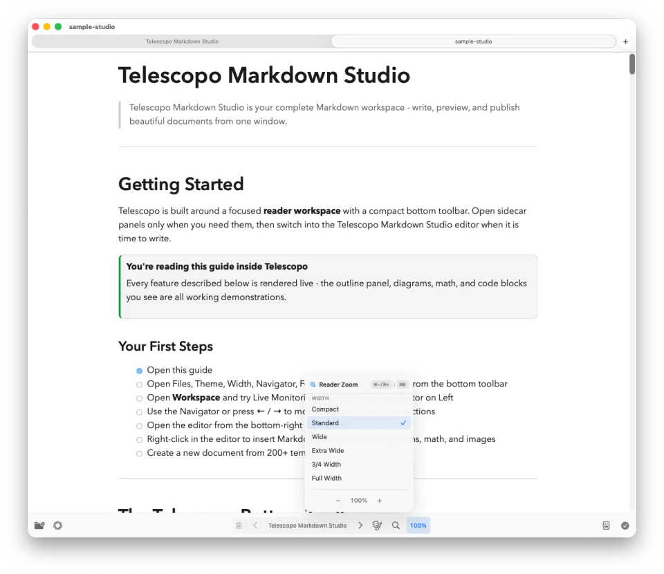 Telescopo Markdown Studio adjusting reading width for a wide document
