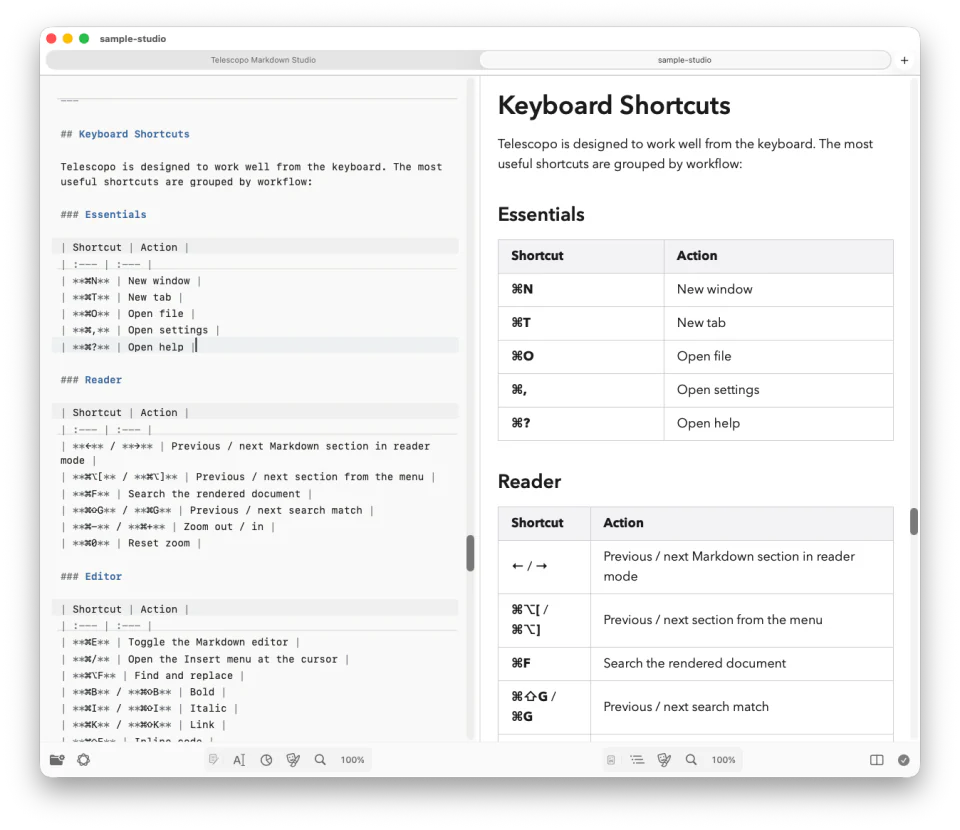 Telescopo Markdown Studio table insertion tools beside a rendered Markdown table