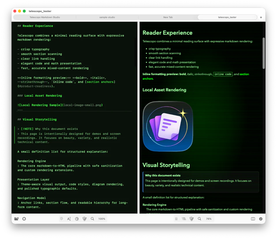 Telescopo Bad Command theme showing Markdown source and rendered preview in Split view