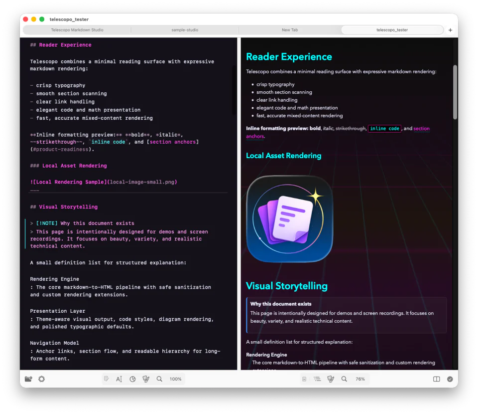 Telescopo Cyberpunk theme showing Markdown source and rendered preview in Split view