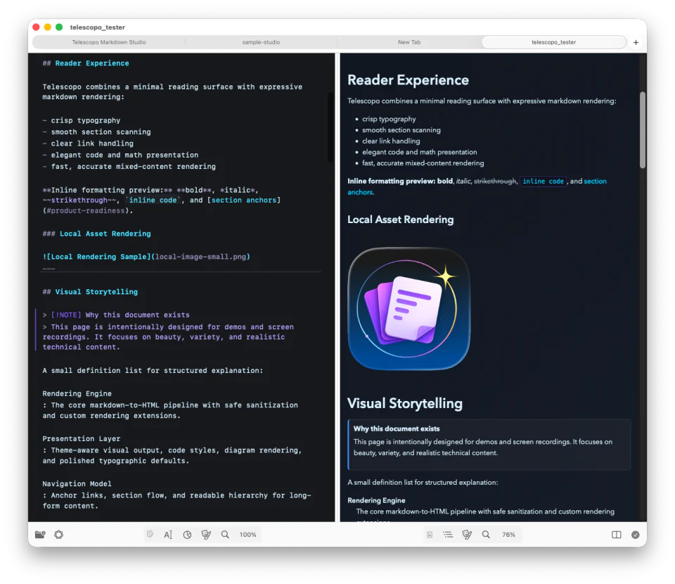 Telescopo Cyberspace theme showing Markdown source and rendered preview in Split view