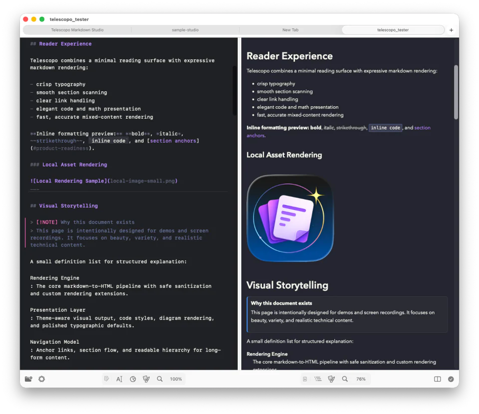 Telescopo Darkula theme showing Markdown source and rendered preview in Split view