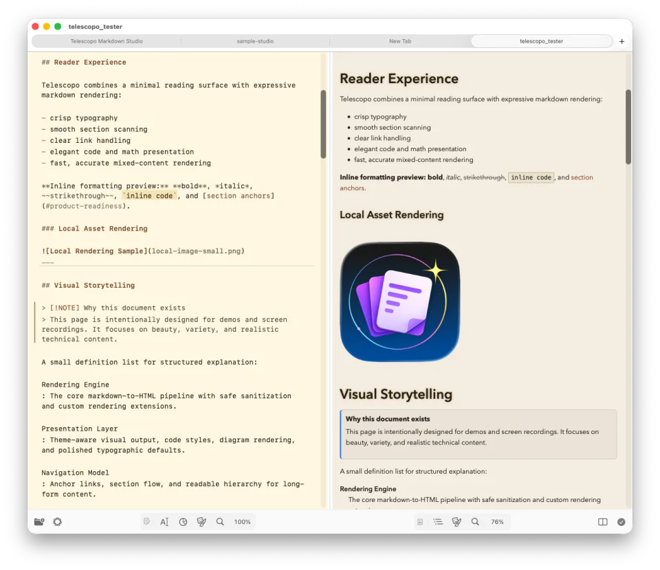 Telescopo Lamplight theme showing Markdown source and rendered preview in Split view