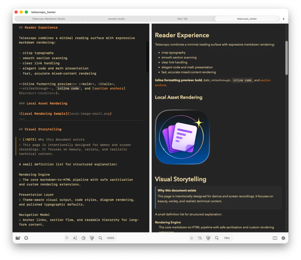 Telescopo Retro Dark theme showing Markdown source and rendered preview in Split view