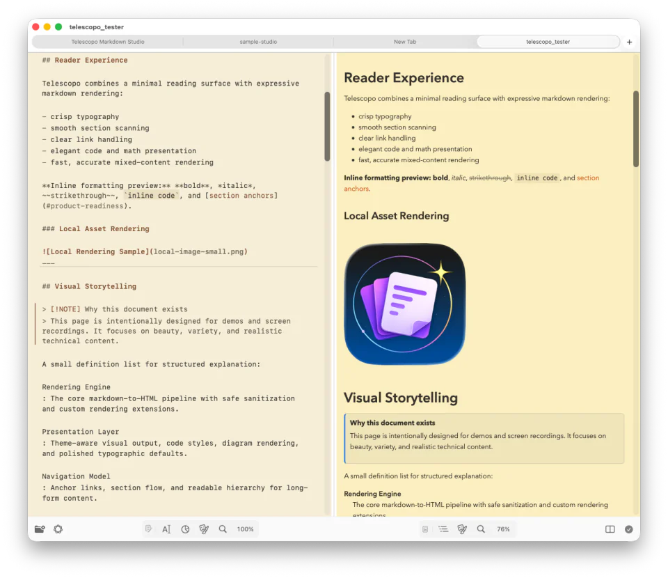 Telescopo Retro Light theme showing Markdown source and rendered preview in Split view