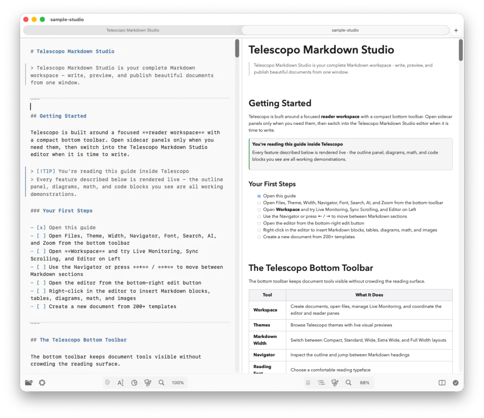 Telescopo Markdown Studio showing source Markdown beside its rendered document in Split view