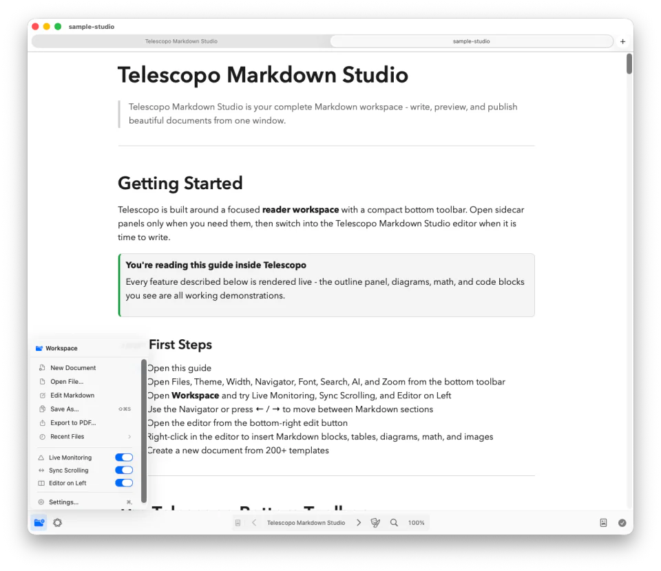 Telescopo workspace menu showing Live Monitoring controls for externally updated files