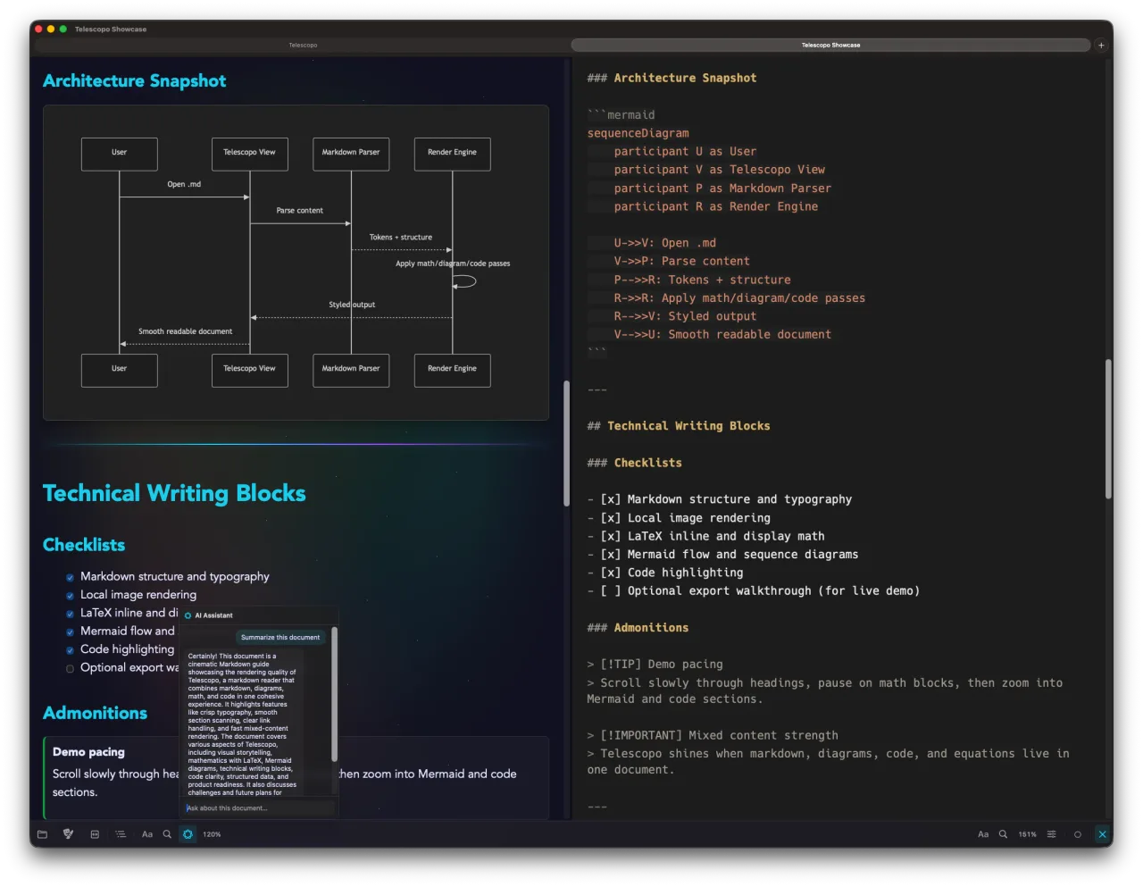 Telescopo AI Assistant - on-device conversational AI for Markdown documents, powered by Apple Intelligence on macOS