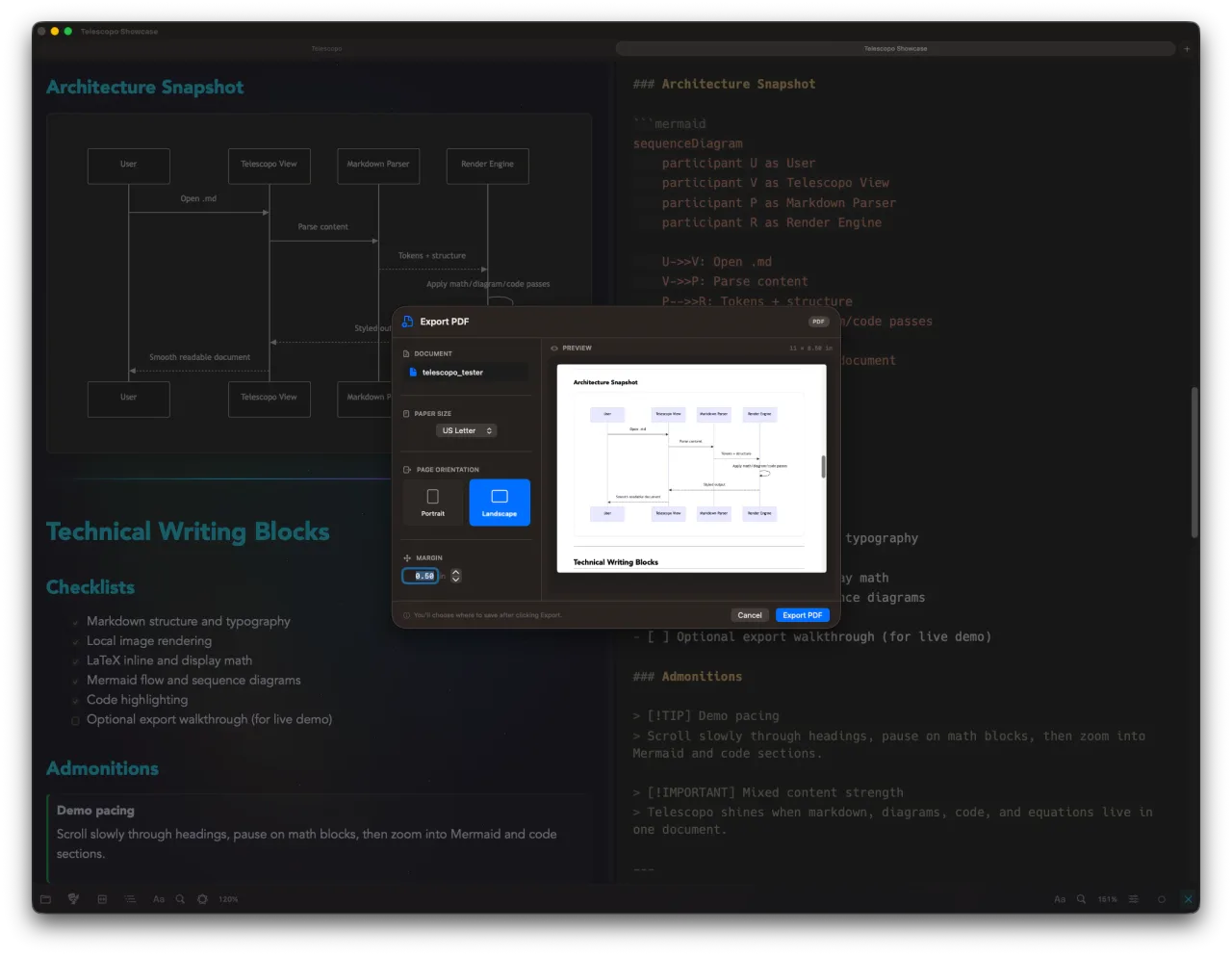 Telescopo Markdown Studio PDF export preview with portrait and landscape controls, margins, paper size, and rendered Markdown output