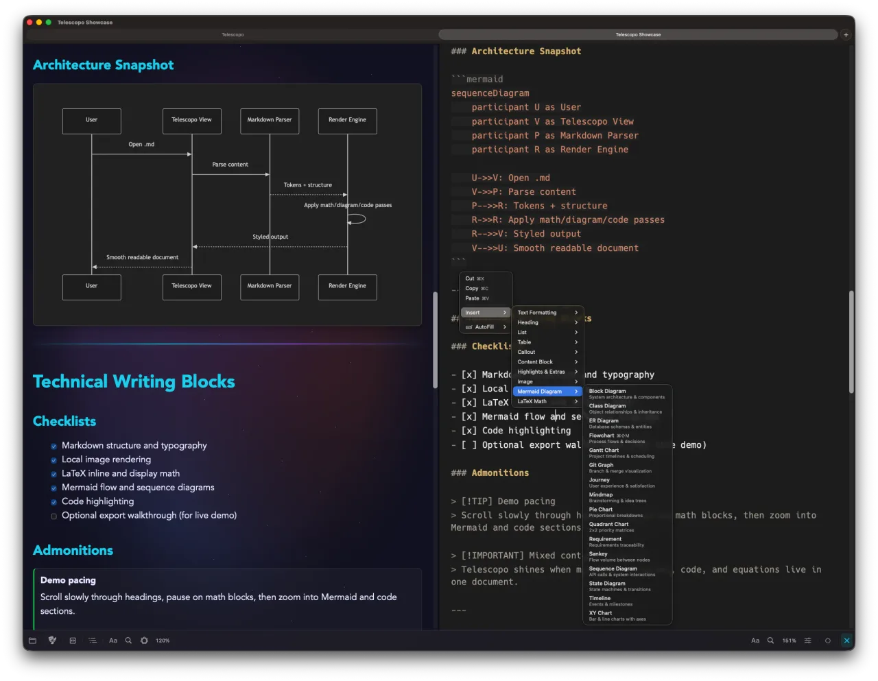Telescopo Markdown Studio editor context menu for inserting Mermaid diagrams, LaTeX math, tables, callouts, and Markdown blocks