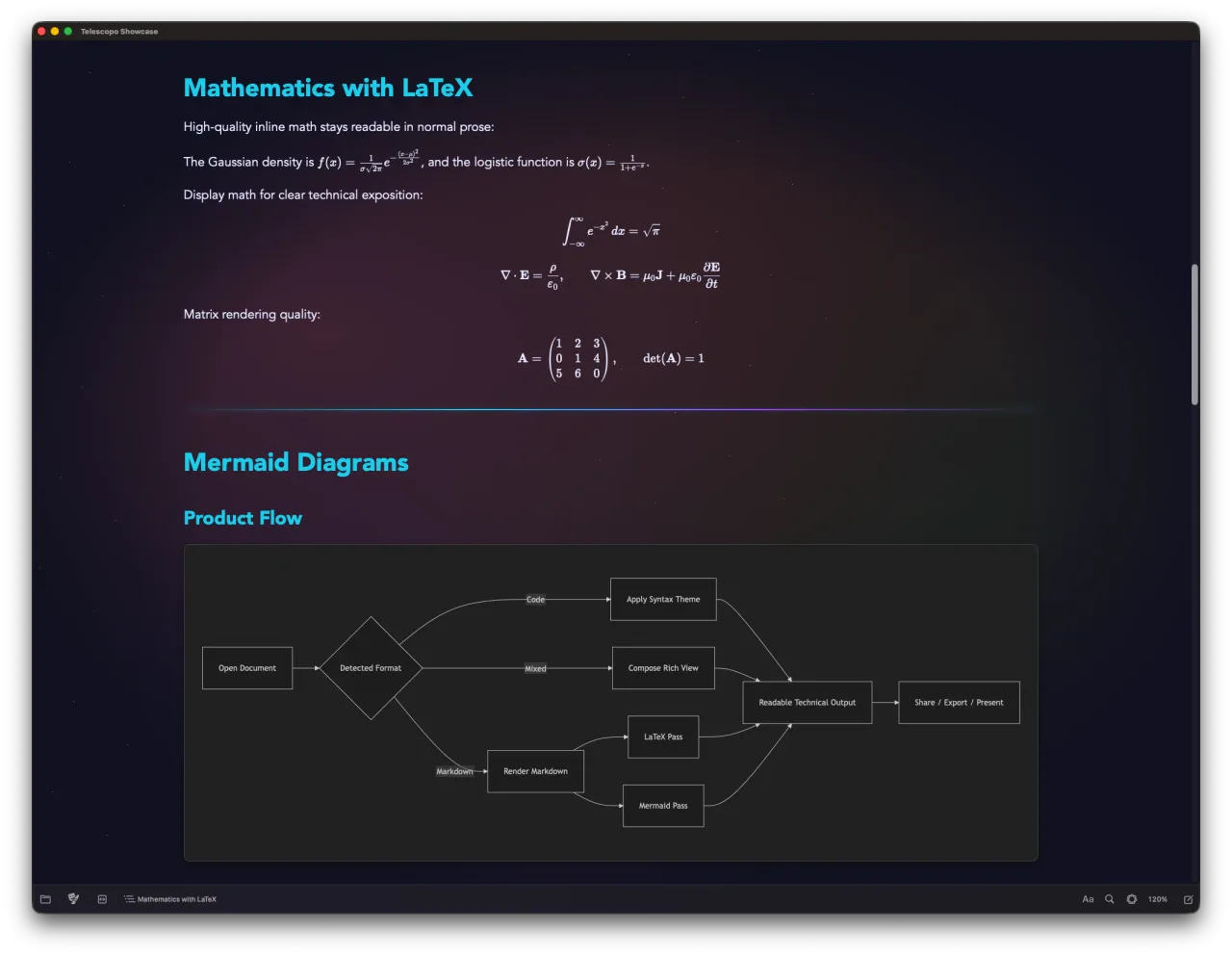Telescopo Markdown Studio rendering LaTeX mathematics and Mermaid diagrams in a native Markdown document