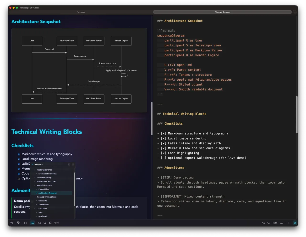 Telescopo Navigator - document outline sidebar with scroll-spy highlighting and section jump for Markdown files on macOS