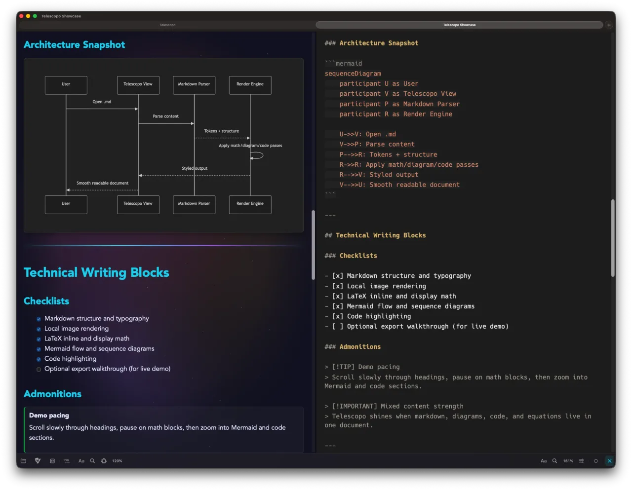 Telescopo Markdown Studio showing a split Markdown editor beside a rendered Markdown document with Mermaid, checklists, and callouts