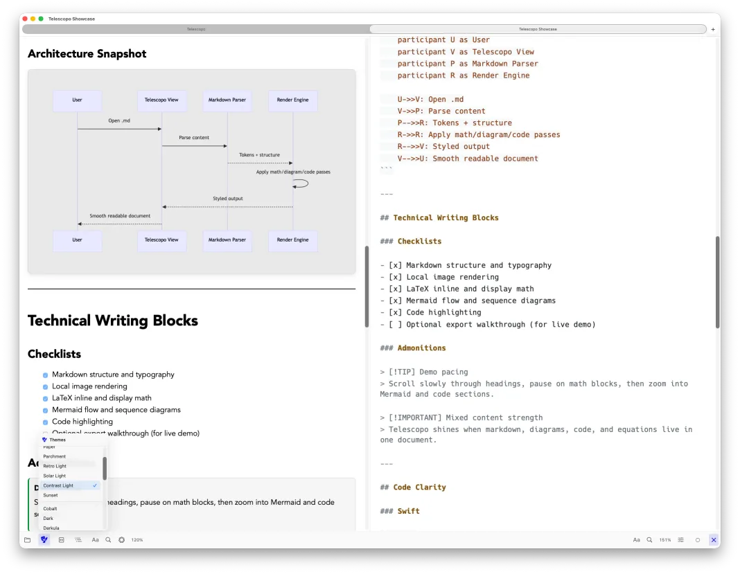 Telescopo Contrast Light theme in split editor mode