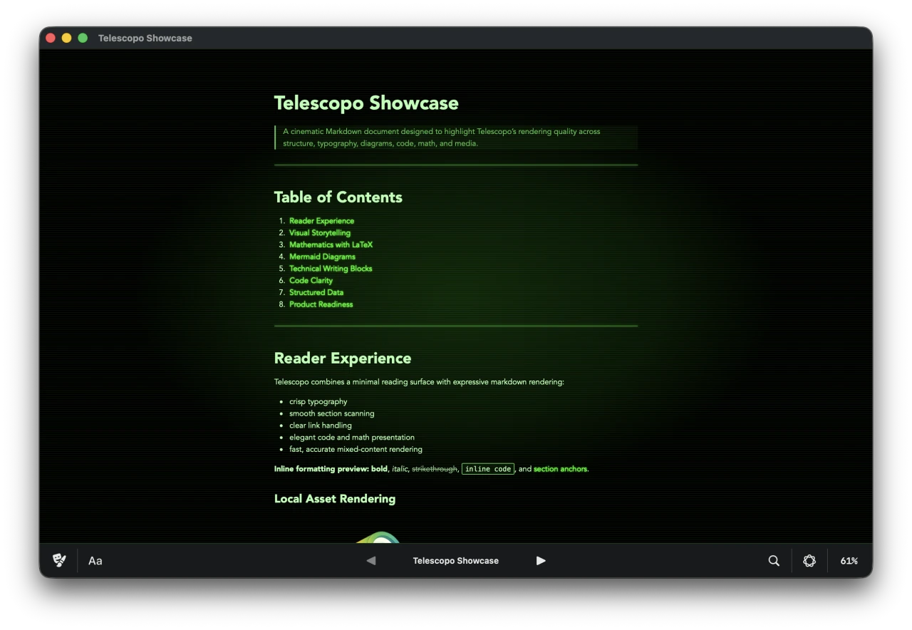 Telescopo Markdown Reader for Mac — Dark Theme