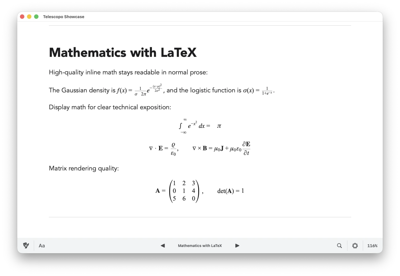 LaTeX mathematics with KaTeX rendering in Telescopo — Gaussian density, integrals, matrices