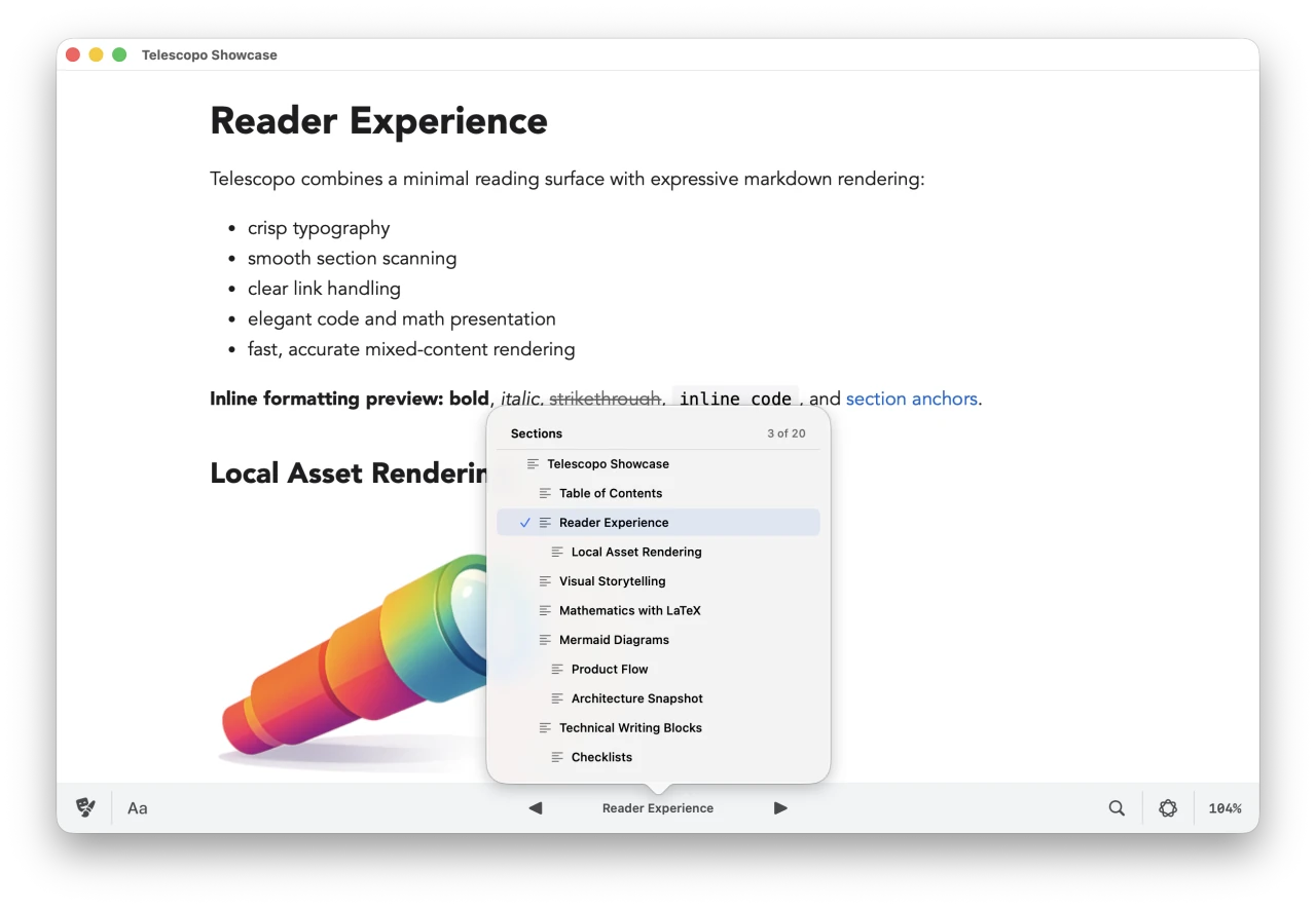 Telescopo Navigator — document outline sidebar with scroll-spy highlighting and section jump for Markdown files on macOS